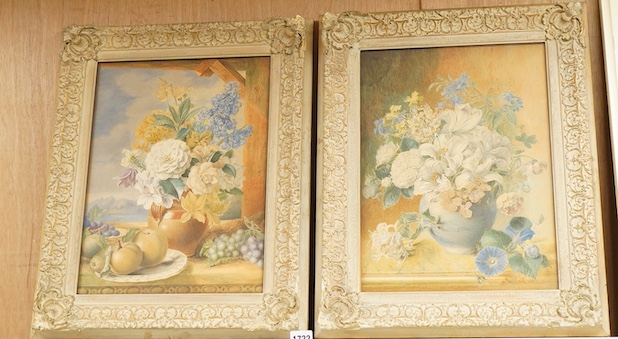 Late 19th century, English School, Still lifes of fruit and flowers, unsigned, pair of watercolours heightened with white, 41 x 30cm, ornately framed